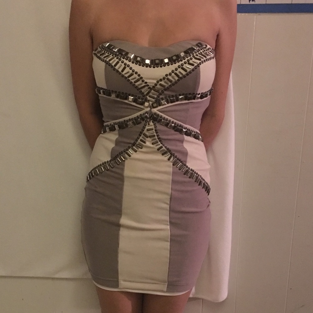 Bebe  strapless grey and white dress with studs